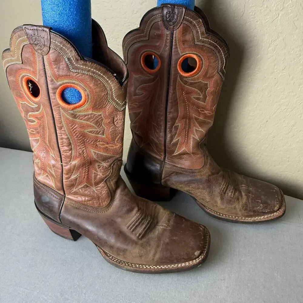Ariat Men’s 12 D Brown Leather Square Toe Western Cowboy Boots Embroidered